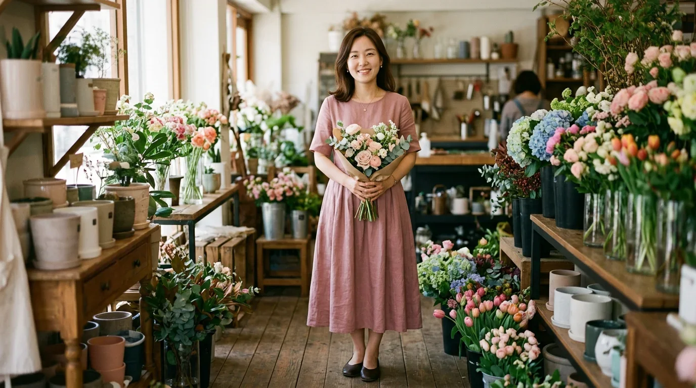 플라워 마켓에서 우아한 원피스